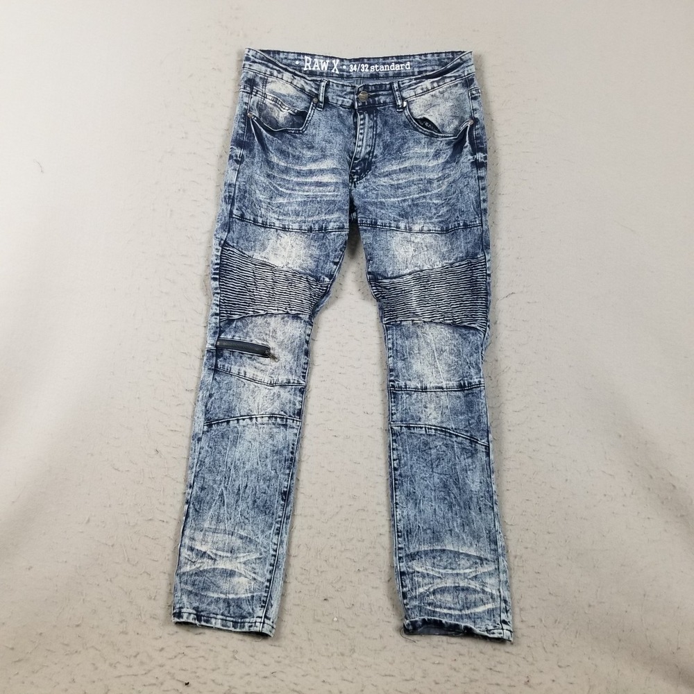 Raw X Jeans Men 34x32 Blue Acid Wash Moto Biker Standard Fit Ribbed‎ Stretch